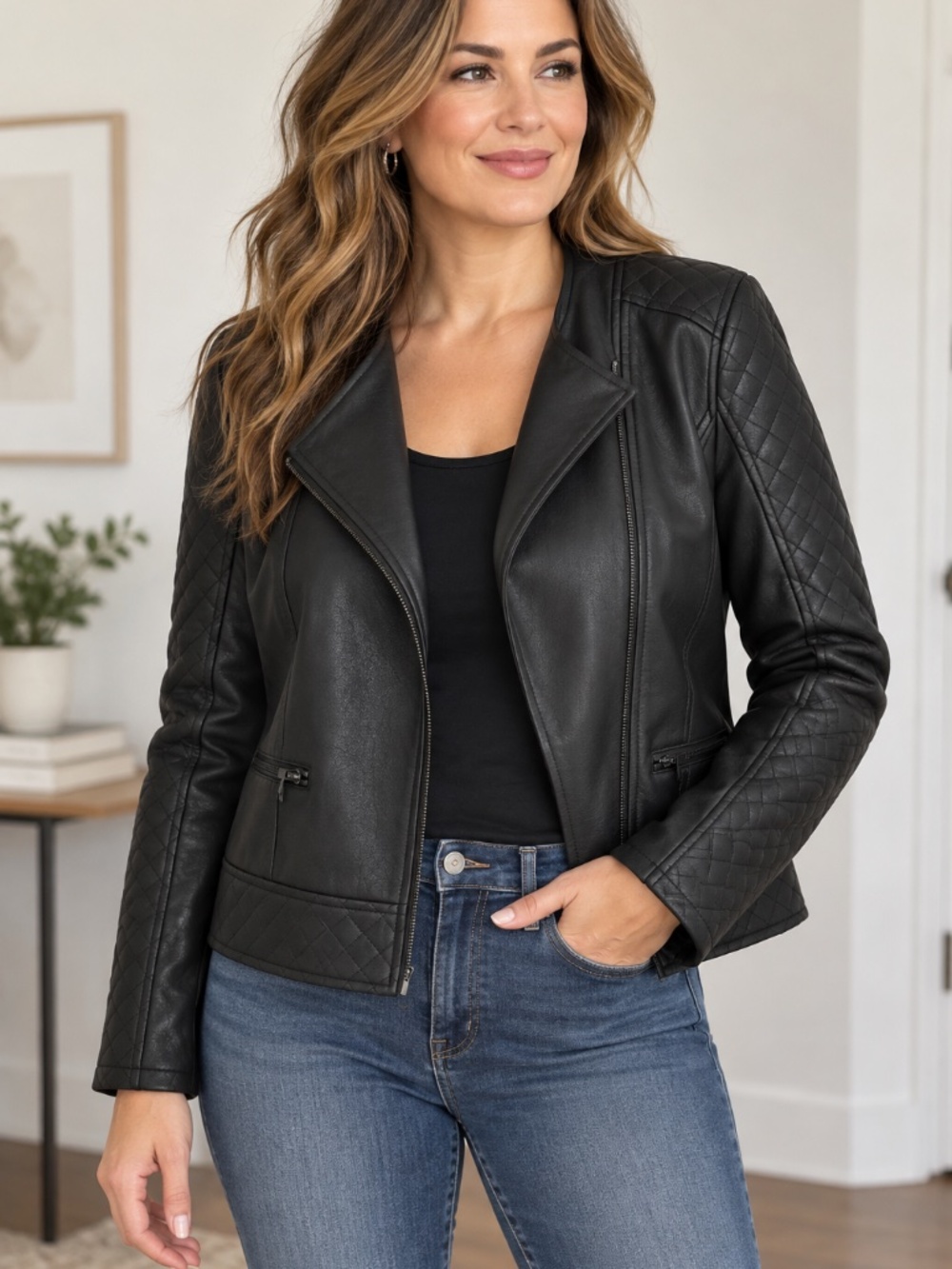 Liverpool Los Angeles Black Quilted Faux Leather Moto Jacket – XL
